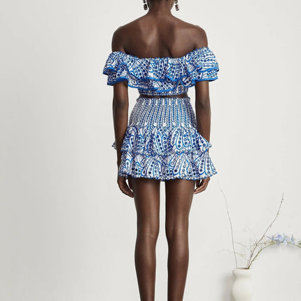 Amelia Blue and White Pattern Print Skirt and Top Set