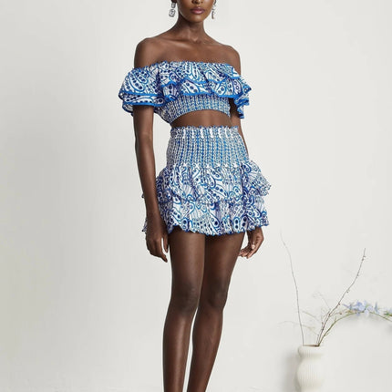 Amelia Blue and White Pattern Print Skirt and Top Set