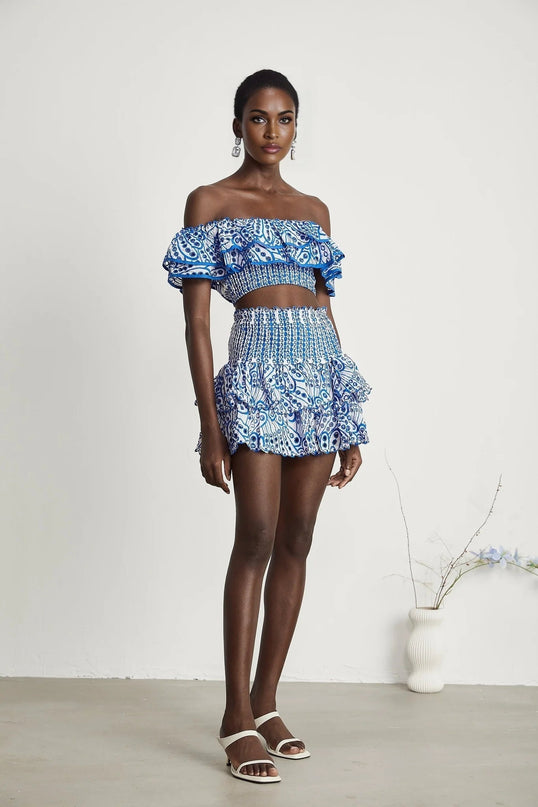 Amelia Blue and White Pattern Print Skirt and Top Set