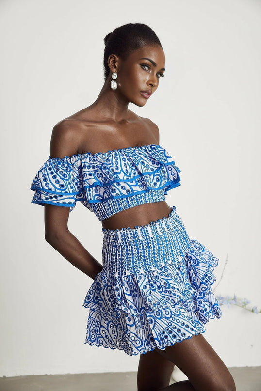 Amelia Blue and White Skirt Top Set