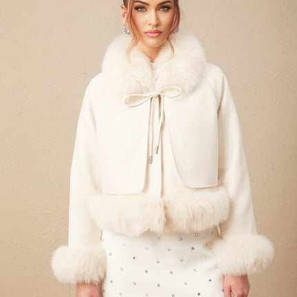 Amelia Coat Fox Fur Padded Off White Suede Lapels Layered Design Farmed Fox Fur Raglan Sleeves Tied Neck Side Welt Pockets Press Stud Fastening
