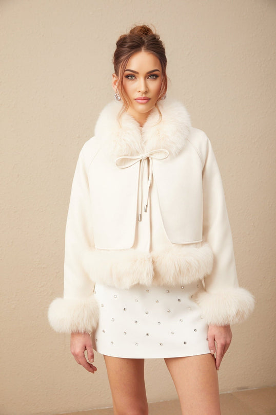 Amelia Coat Fox Fur Padded Off White Suede Lapels Layered Design Farmed Fox Fur Raglan Sleeves Tied Neck Side Welt Pockets Press Stud Fastening