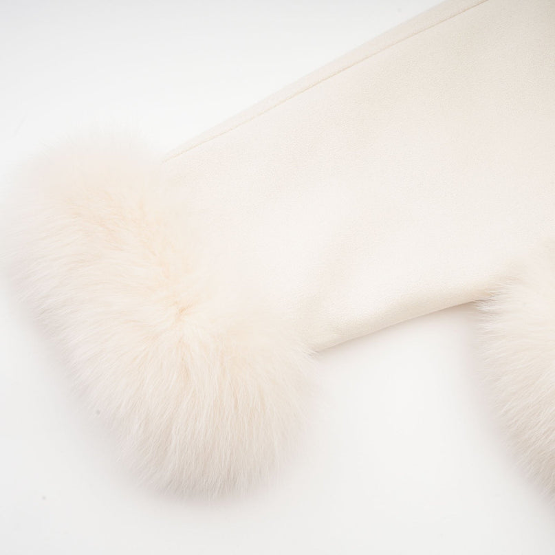 Amelia Coat Fox Fur Padded Off White Suede Lapels Raglan Sleeves Tied Neck Farmed Fox Fur Front Press-Stud Fastening Side Welt Pockets
