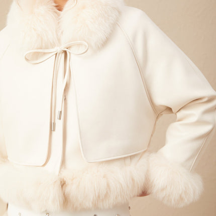 Amelia Coat Fox Fur Padded Off White Suede Lapels Raglan Sleeves Tied Neck Front Press-Stud Fastening Side Welt Pockets