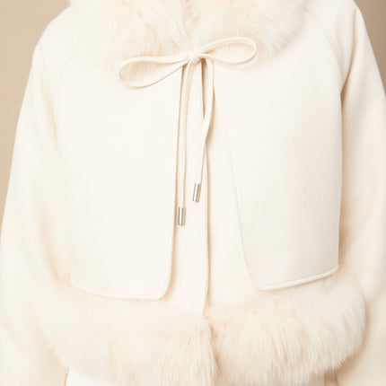 Amelia Coat Fox Fur Padded Off White Suede Lapels Raglan Sleeves Tied Neck Farmed Fox Fur Front Press-Stud Fastening Side Welt Pockets