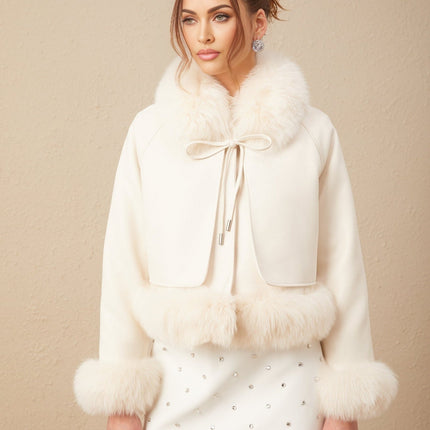 Amelia Coat Fox Fur Padded Off White Suede Lapels Raglan Sleeves