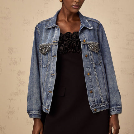 Amelia Denim Jacket Rhinestone Embellished Blue 100% Cotton Notched Lapels Buttoned Cuffs Chest Flap Pockets Front Button Fastening Elegant Contemporary Classic Style Timeless Wardrobe Chic Sophisticated Charm