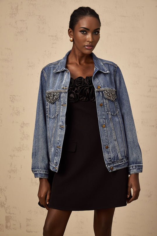 Amelia Denim Jacket Rhinestone Embellished Blue 100% Cotton Notched Lapels Buttoned Cuffs Chest Flap Pockets Front Button Fastening Elegant Contemporary Classic Style Timeless Wardrobe Chic Sophisticated Charm