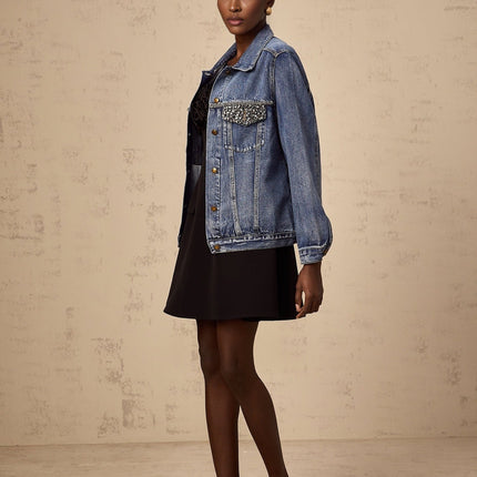 Amelia Denim Jacket Rhinestone Embellished Blue 100% Cotton Notched Lapels Long Sleeves Buttoned Cuffs Chest Flap Pockets Front Button Fastening Elegant Contemporary Classic Chic Sophisticated
