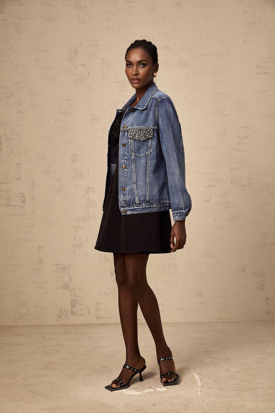 Amelia Denim Jacket Rhinestone Embellished Blue 100% Cotton Notched Lapels Long Sleeves Buttoned Cuffs Chest Flap Pockets Front Button Fastening Elegant Contemporary Classic Chic Sophisticated