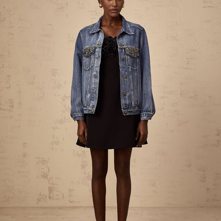 Amelia Denim Jacket Rhinestone Embellished Blue Cotton Notched Lapels Flap Pockets Button Fastening