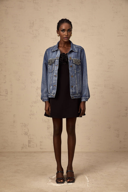 Amelia Denim Jacket Rhinestone Embellished Blue Cotton Notched Lapels Flap Pockets Button Fastening