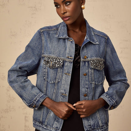 Amelia Denim Jacket Rhinestone Embellished in Blue