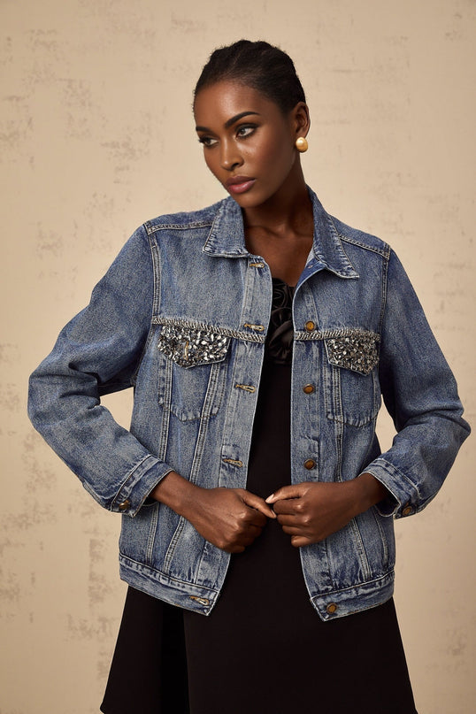 Amelia Denim Jacket Rhinestone Embellished in Blue