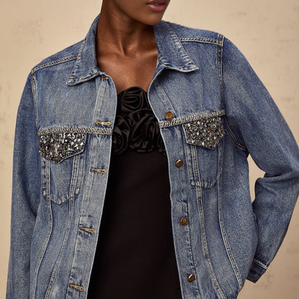 Amelia Denim Jacket Rhinestone Embellished Blue Cotton Buttoned Cuffs Flap Pockets Elegant Contemporary Style Sophisticated Charm