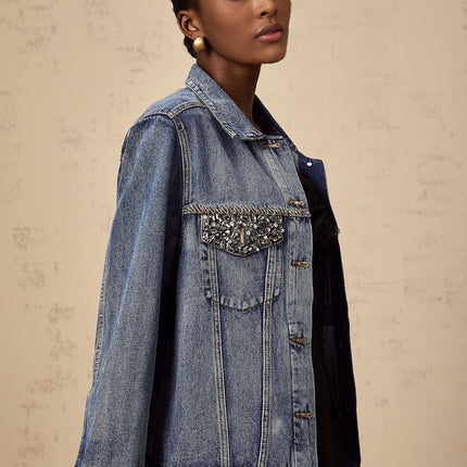 Amelia Denim Jacket Rhinestone Embellished in Blue