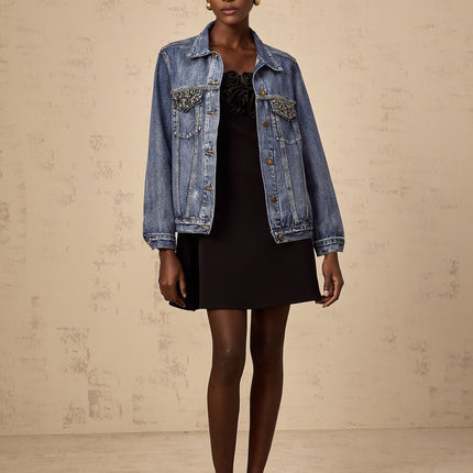 Amelia Denim Jacket Rhinestone Embellished in Blue 100% Cotton Notched Lapels Long Sleeves Buttoned Cuffs Chest Flap Pockets Front Button Fastening