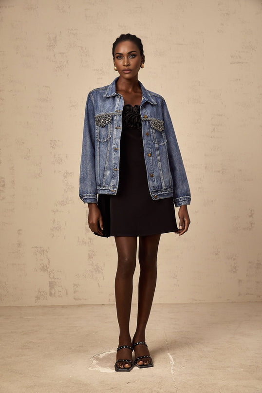 Amelia Denim Jacket Rhinestone Embellished in Blue 100% Cotton Notched Lapels Long Sleeves Buttoned Cuffs Chest Flap Pockets Front Button Fastening
