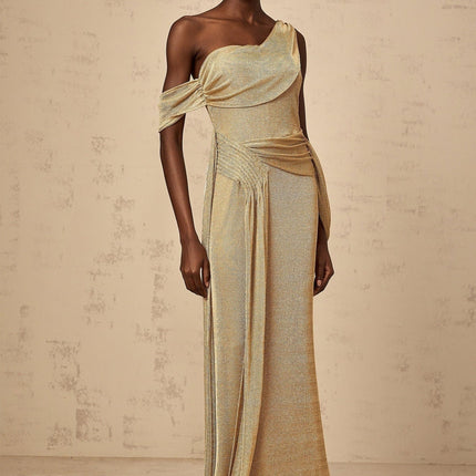 Amelia Gold Maxi Dress with Mono Shoulder and Ribbon Detail