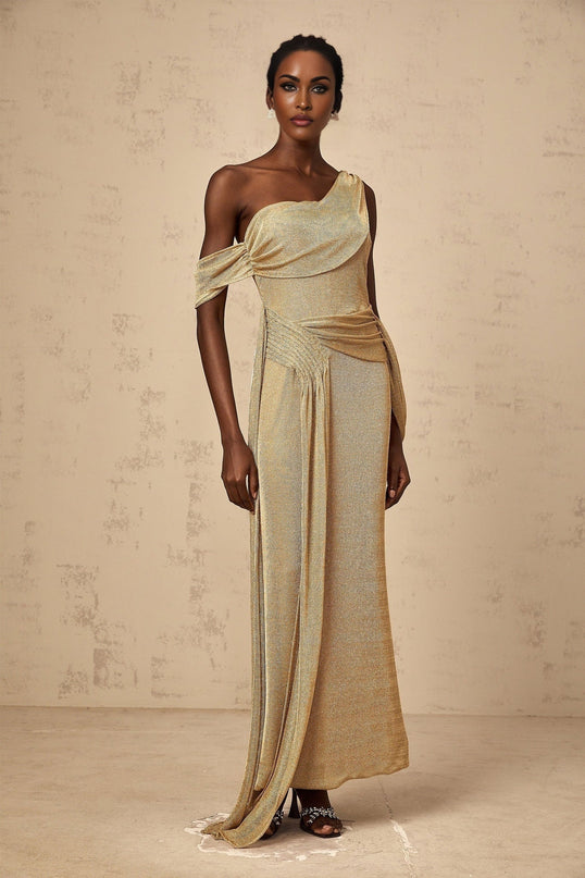 Amelia Gold Maxi Dress with Mono Shoulder and Ribbon Detail