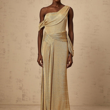 Amelia Gold Maxi Dress with Mono Shoulder and Ribbon Detail