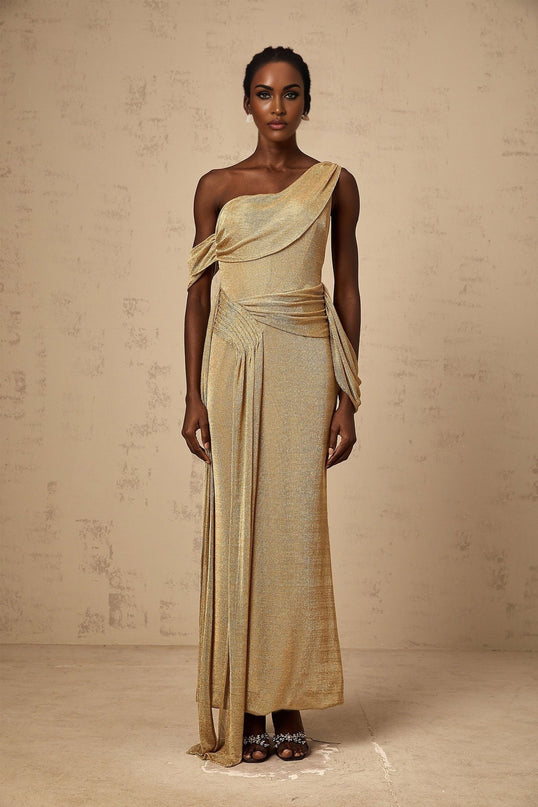Amelia Gold Maxi Dress with Mono Shoulder and Ribbon Detail