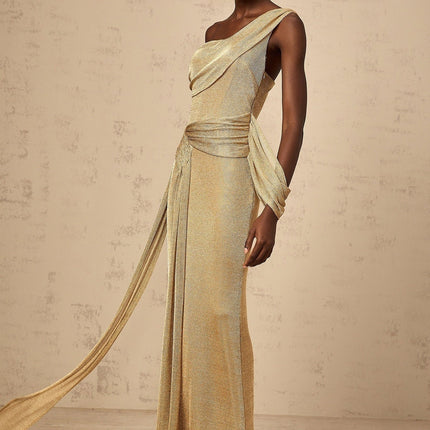 Amelia Gold Tone Mono Shoulder Maxi Dress Ribbon Detail Opulent Textured Fitted Silhouette Side Zip Fastening Timeless Charm Terylene Fiber Luxury Style Glamour Sophistication