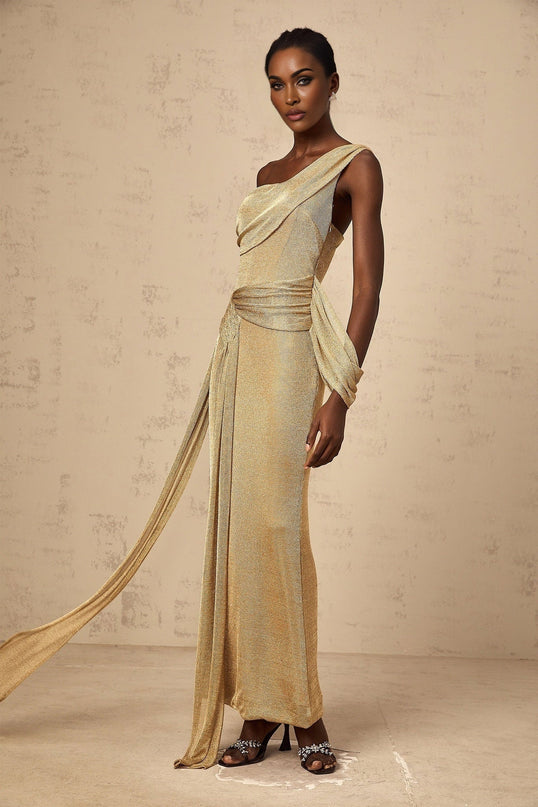 Amelia Gold Tone Mono Shoulder Maxi Dress Ribbon Detail Opulent Textured Fitted Silhouette Side Zip Fastening Timeless Charm Terylene Fiber Luxury Style Glamour Sophistication