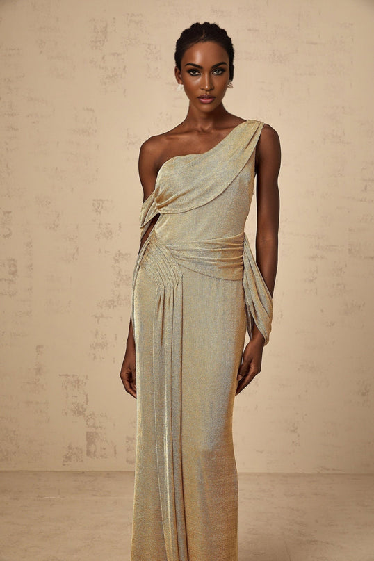 Amelia Gold Mono Shoulder Maxi Dress