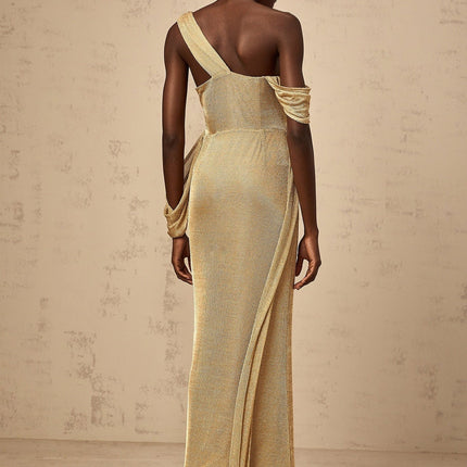 Amelia Gold Mono Shoulder Maxi Dress with Ribbon Detail in 100% Terylene Fiber