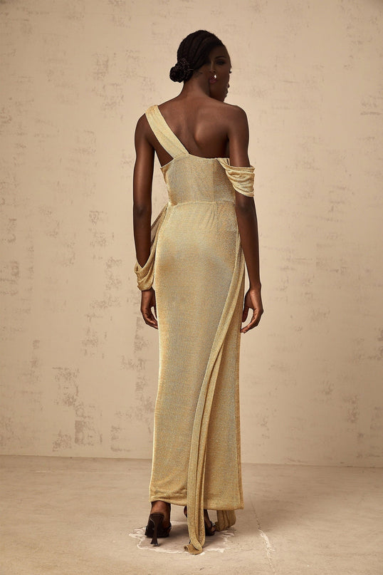 Amelia Gold Mono Shoulder Maxi Dress with Ribbon Detail in 100% Terylene Fiber