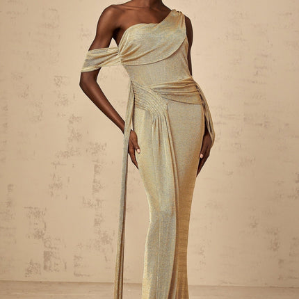 Amelia Gold Shoulder Maxi Dress Terylene Fiber Ribbon Detail