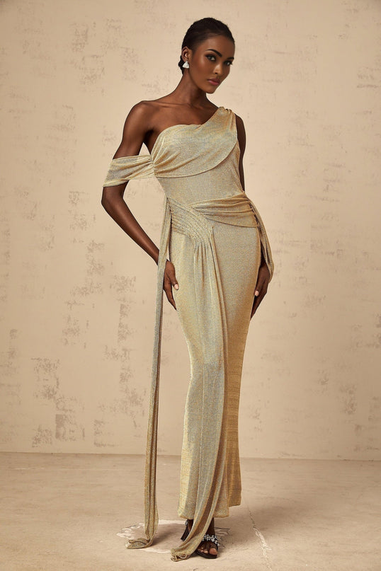 Amelia Gold Shoulder Maxi Dress Terylene Fiber Ribbon Detail