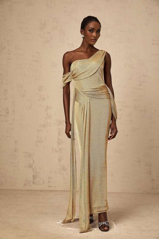 Amelia Gold Shoulder Maxi Dress Terylene Fiber