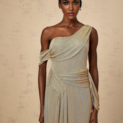 Amelia Gold Shoulder Maxi Dress Terylene Fiber Ribbon Detail Opulent Texture Fitted Silhouette Side Zip Fastening Timeless Charm Statement Piece Glamour Sophistication