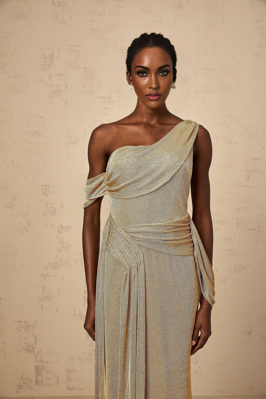 Amelia Gold Shoulder Maxi Dress Terylene Fiber Ribbon Detail Opulent Texture Fitted Silhouette Side Zip Fastening Timeless Charm Statement Piece Glamour Sophistication