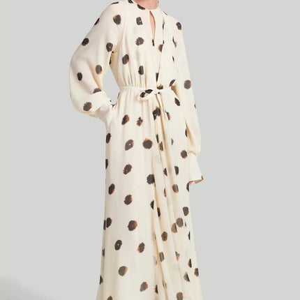 Amelia Modischer White Dress ankle-length O-neck natural waistline synthetic fibers polyester fabric chic print pattern full sleeves sheath silhouette middle-aged women style comfort Italian finesse timeless
