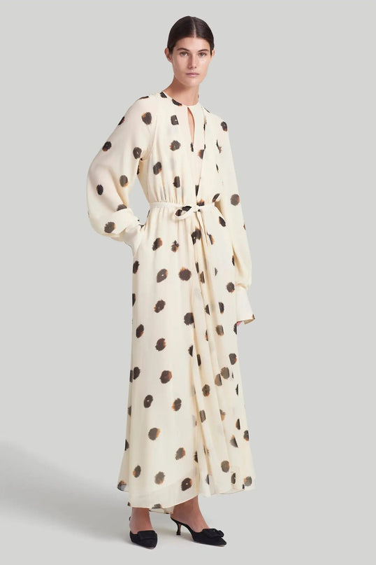 Amelia Modischer White Dress ankle-length O-neck natural waistline synthetic fibers polyester fabric chic print pattern full sleeves sheath silhouette middle-aged women style comfort Italian finesse timeless