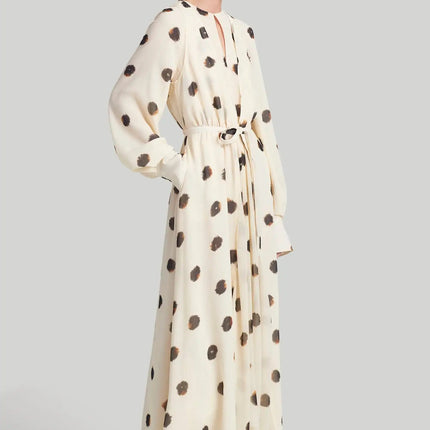Amelia Modischer White Dress ankle-length O-neck natural waistline synthetic fibers polyester fabric full sleeves sheath silhouette middle-aged women chic print pattern Italian finesse timeless style