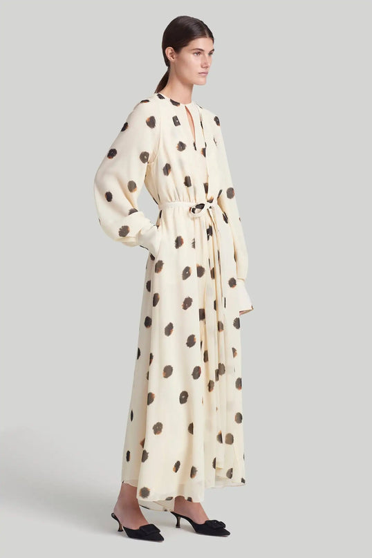 Amelia Modischer White Dress ankle-length O-neck natural waistline synthetic fibers polyester fabric full sleeves sheath silhouette middle-aged women chic print pattern Italian finesse timeless style
