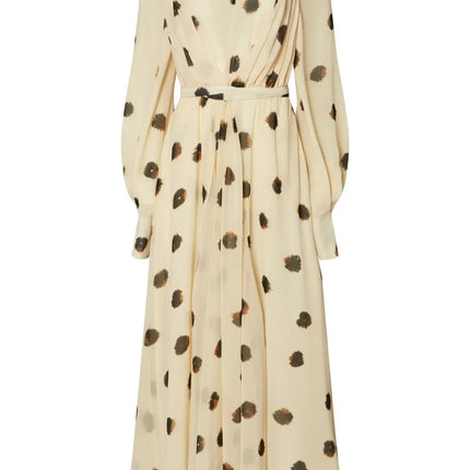 Amelia wearing Modischer White Dress ankle-length O-neck natural waistline full sleeves sheath silhouette chic print pattern middle-aged women Italian finesse timeless style