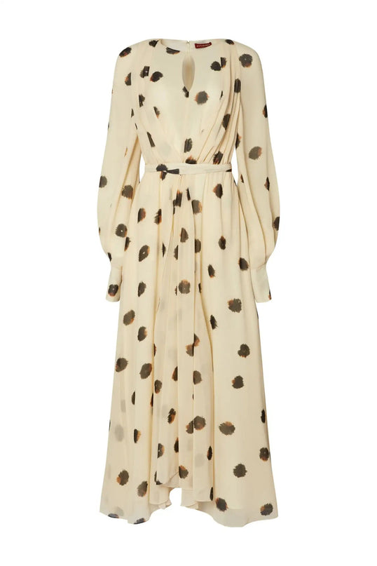 Amelia wearing Modischer White Dress ankle-length O-neck natural waistline full sleeves sheath silhouette chic print pattern middle-aged women Italian finesse timeless style