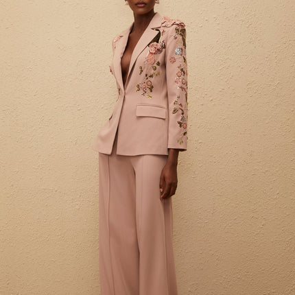 Amelia Pink Blazer and Trousers Set with Sequined Floral Detailing and Crystal Embellishments