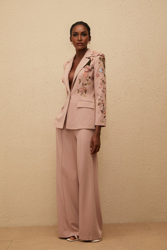 Amelia Pink Blazer and Trousers Set with Sequined Floral Detailing and Crystal Embellishments