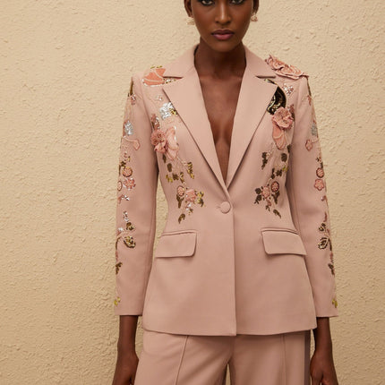 Amelia Pink Sequined Floral Blazer Trousers Set