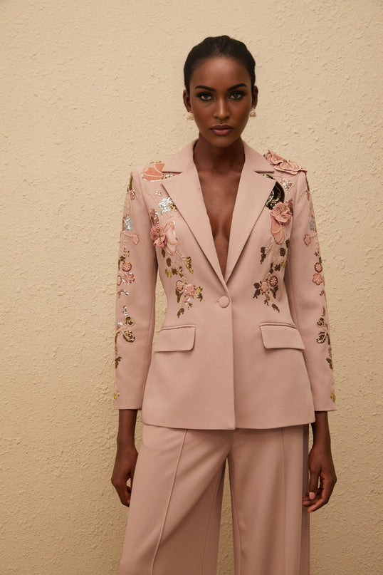 Amelia Pink Sequined Floral Blazer Trousers Set