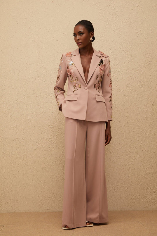 Amelia Pink Sequined Floral Blazer Trousers Set