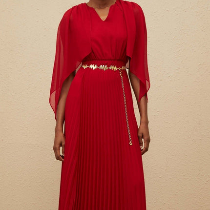 Amelia Red Maxi Dress V-Neck Sleeveless Pleated Skirt Cape Design Chain-Link Detailing Rear Zip Fastening Terylene Fiber Luxury Sophistication Glamour