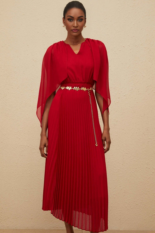 Amelia Red Maxi Dress V-Neck Sleeveless Pleated Skirt Cape Design Chain-Link Detailing Rear Zip Fastening Terylene Fiber Luxury Sophistication Glamour