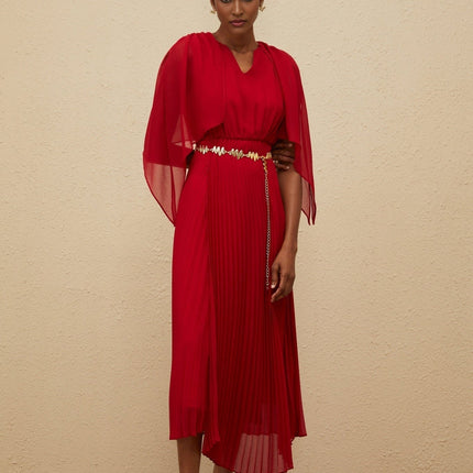 Amelia Red Maxi Dress V-neck Sleeveless Pleated Skirt Cape Design Chain-link Detailing Rear Zip Fastening Terylene Fiber Elegant Glamour